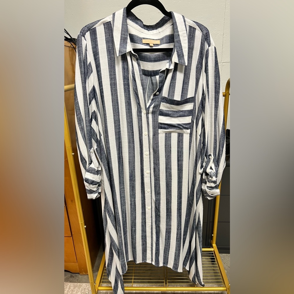 Hope & Harlow Blue & White Roll Tab Asymmetrical Shirt Dress Size 24W